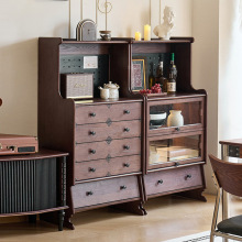 法式复古白蜡木袋鼠餐边柜中古实木储物收纳置物柜模块组合胡桃色