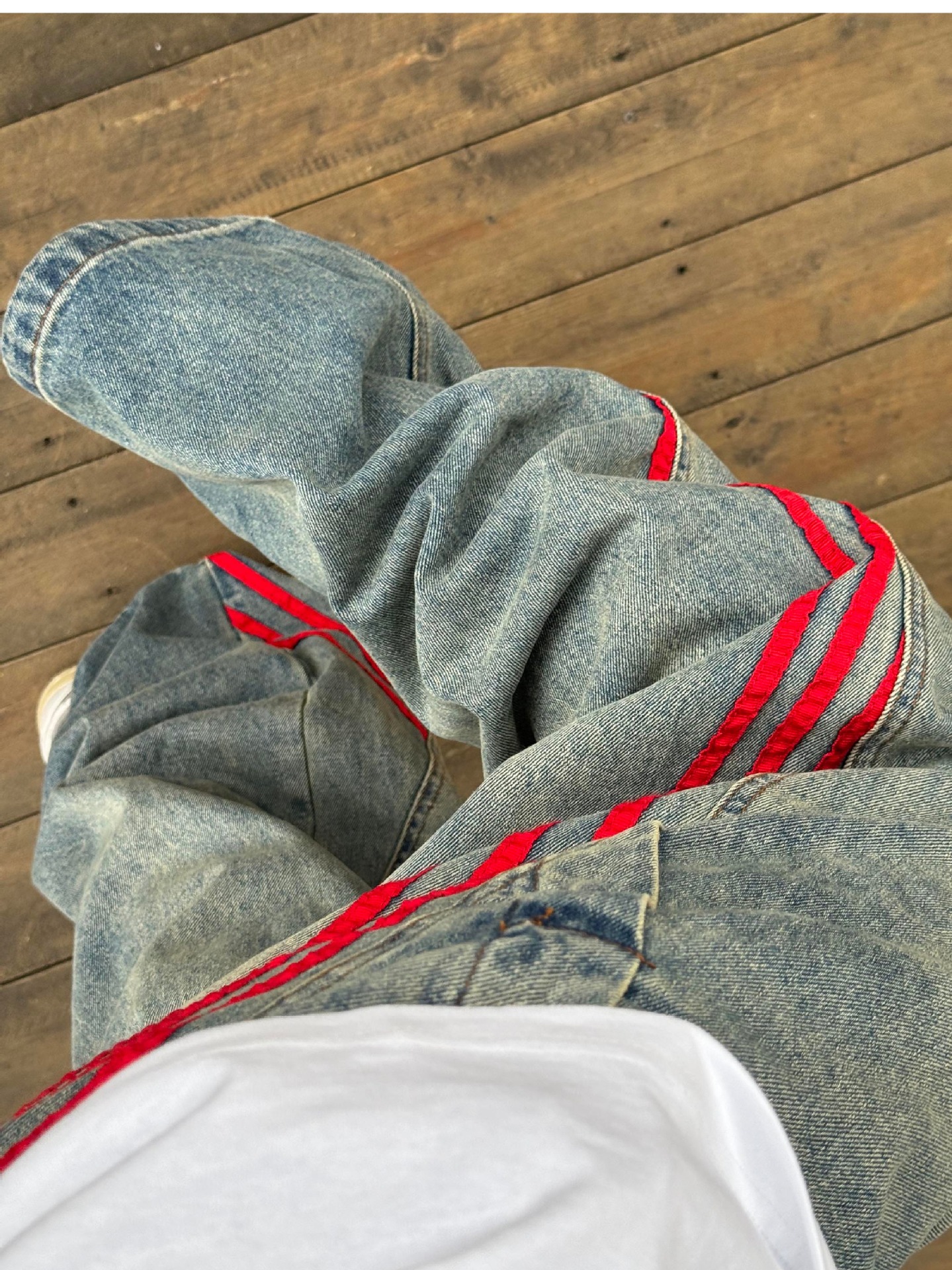 Washed Retro Jeans Men's Straight Loose Wide-leg American High Street Pants Trendy Brand Ruffian Handsome Striped Splicing Trousers_mkmklike.com