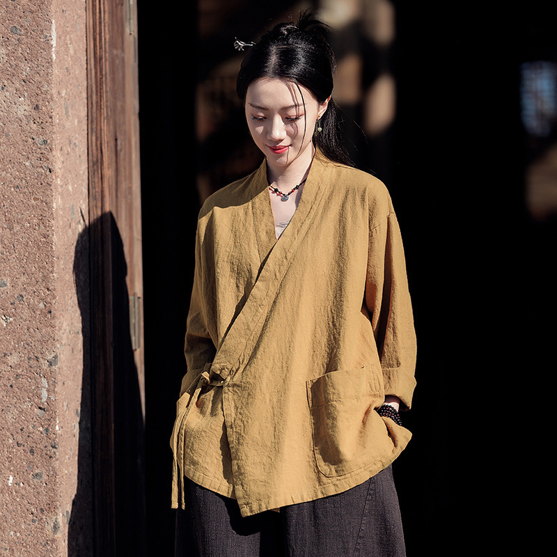 26 Cotton and Linen Women's Clothing New Style Retro Zen-Inspired Loose Linen Tie-Front Hanfu Top Jacket Women's Zen Tea Wear 26 Cotton and Linen Women's Clothing New Style Retro Zen-Inspired Loose Linen Tie-Front Hanfu Top Jacket Women's Zen Tea Wear