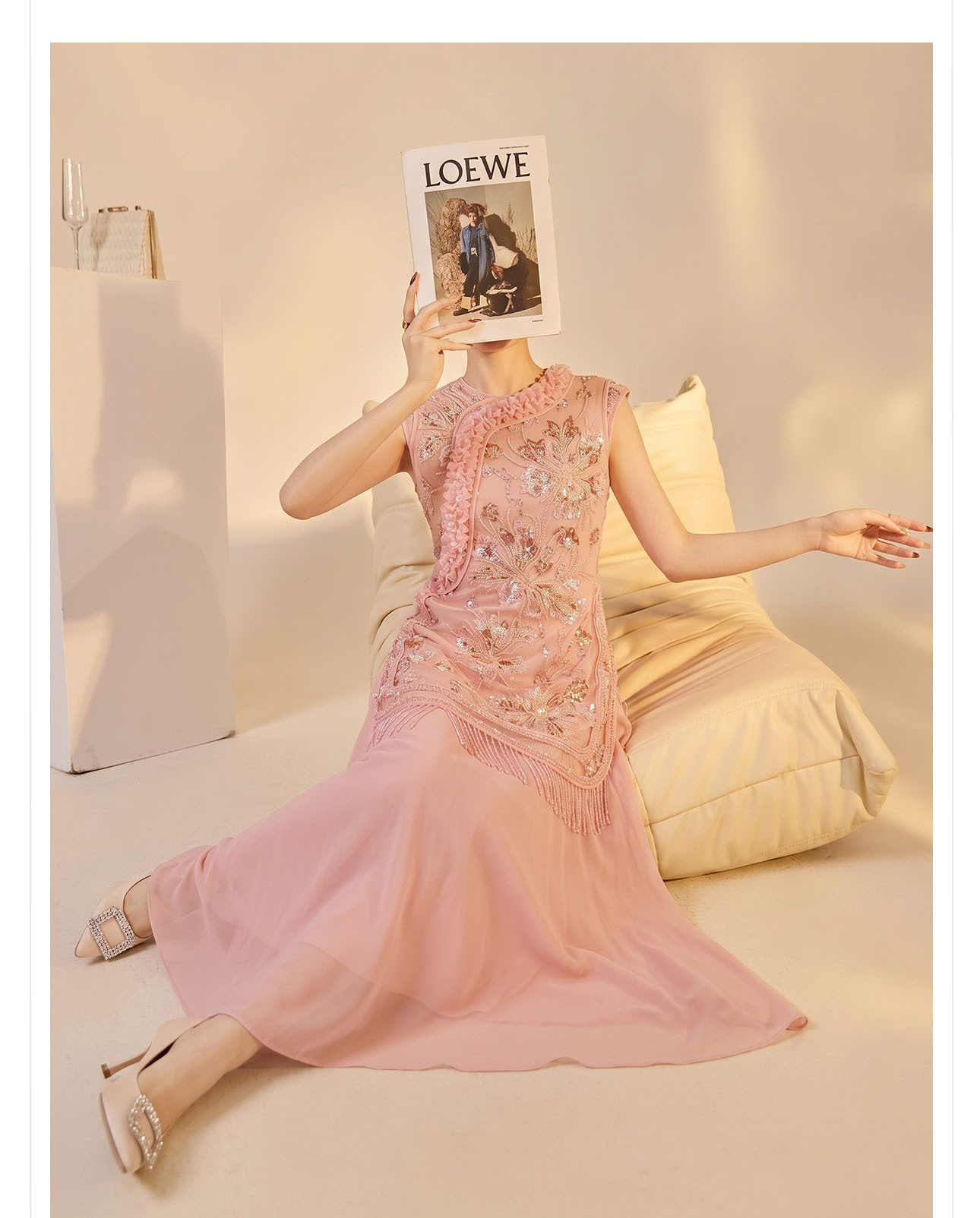 Đầm maxi nữ thêu hoa cao cấp kiểu mới — màu hồng chi tiết 3