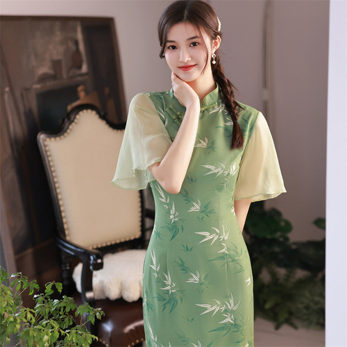 Chinese Dress Oriental Qipao For Women feifei sleeve in the prosperous satin long cheongsam young girl pure and fresh and the literature of the republic of China wind cheongsam
