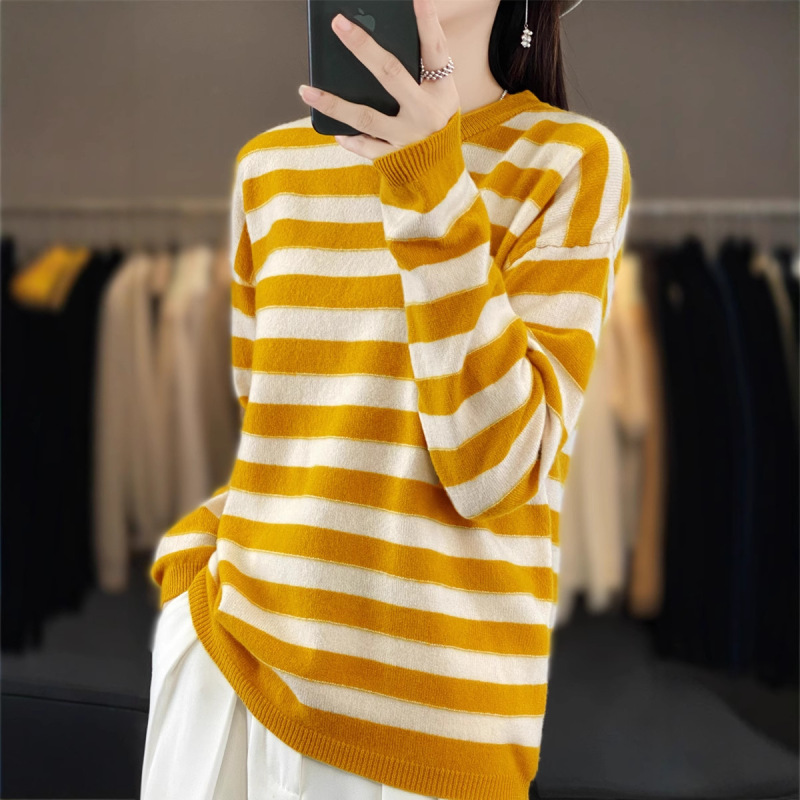 春季新款条纹打底衫安迪绒显瘦女针织衫慵懒风圆领休闲百上衣批发|undefined