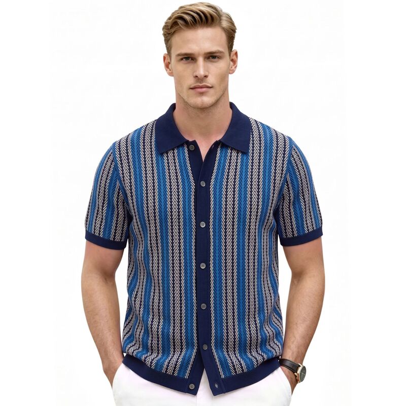 Cross-Border Men's Clothing European and American Style Men's Retro Striped Jacquard Knitwear Casual Business Cardigan Polo Shirt Sj0116