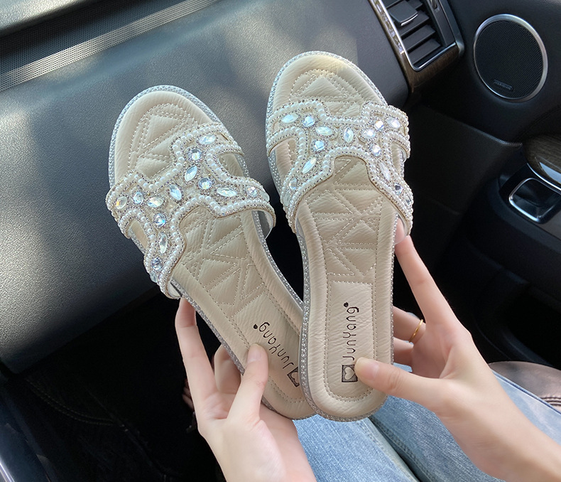 Piccole pantofole stile profumato da donna 2023 sandali piatti estivi stile casual moda strass parola_voghion.com