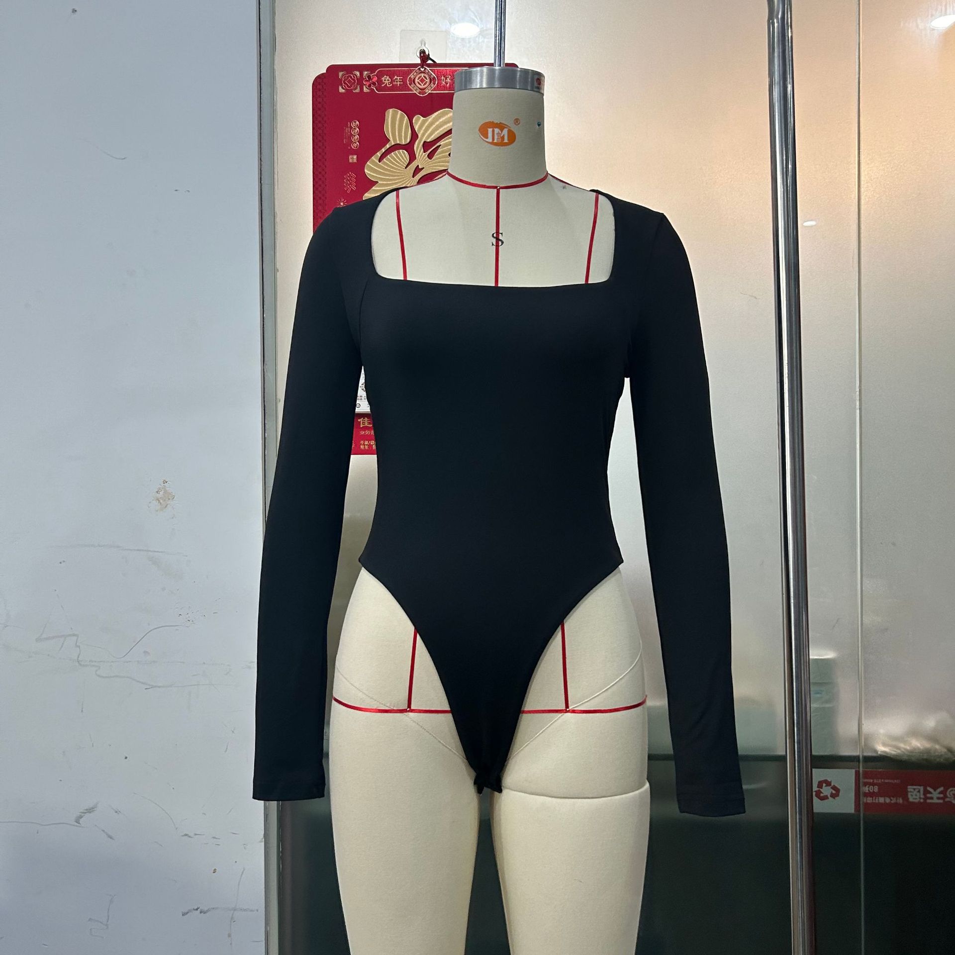 Mono para mujer, nuevo, con cuello cuadrado, manga larga, sexy, de doble capa, con botones a presión, camiseta básica SU3689