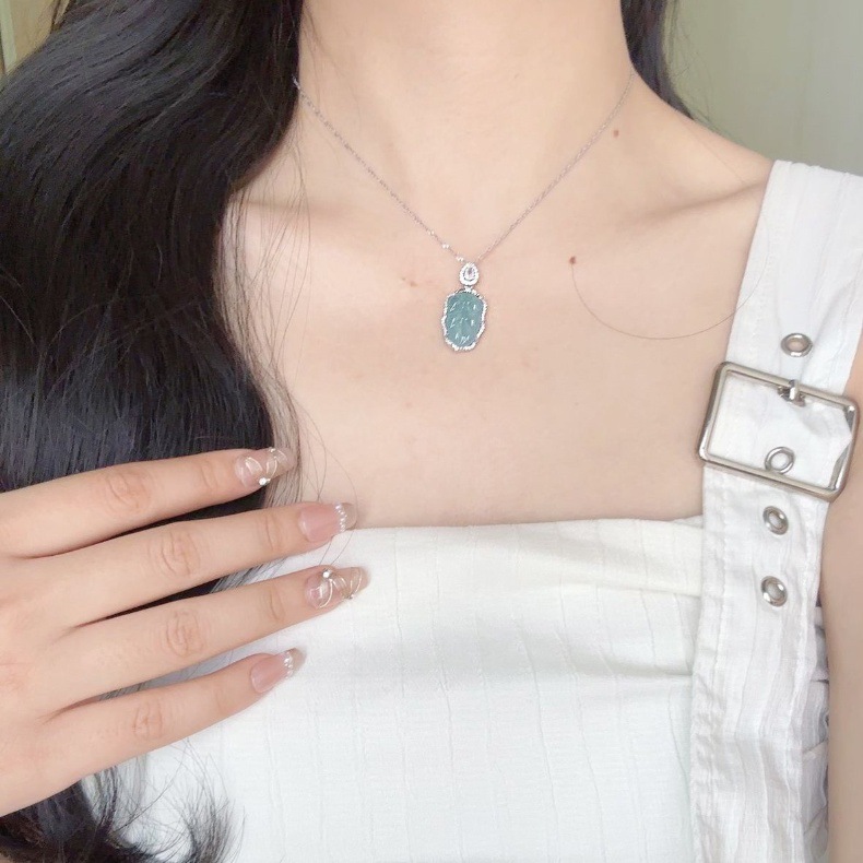 Vòng cổ bạc s925 đính ngọc bích nước xanh băng cao tự nhiên hình lá ngọc cành vàng chi tiết 6