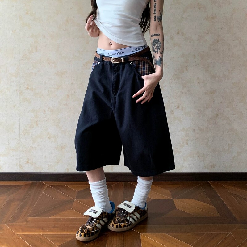 American Retro Patchwork Plaid Pocket Denim Shorts for Men and Women, New Summer Style, Loose Straight Fit, Versatile Mid-Length Pants, Trendy