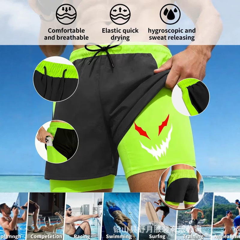 Men's cross-border printed running sports beach swimming fitness breathable anti-exposure double-layer training gym shorts