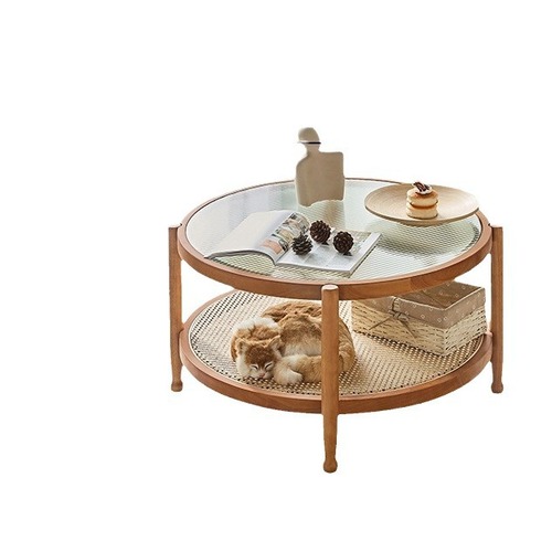 北欧圆形玻璃茶几组合家用小户型客厅藤编网红创意茶几简约小圆桌