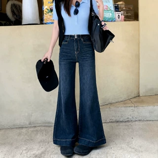 深蓝色夏季不贴腿微喇牛仔裤女2026新款美式高腰显瘦直筒喇叭裤女