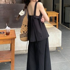 韓国ホットガールスタイルデザイン黒キャミソールレディース夏ハイウエストスリムストレートワイドレッグパンツ2点セット