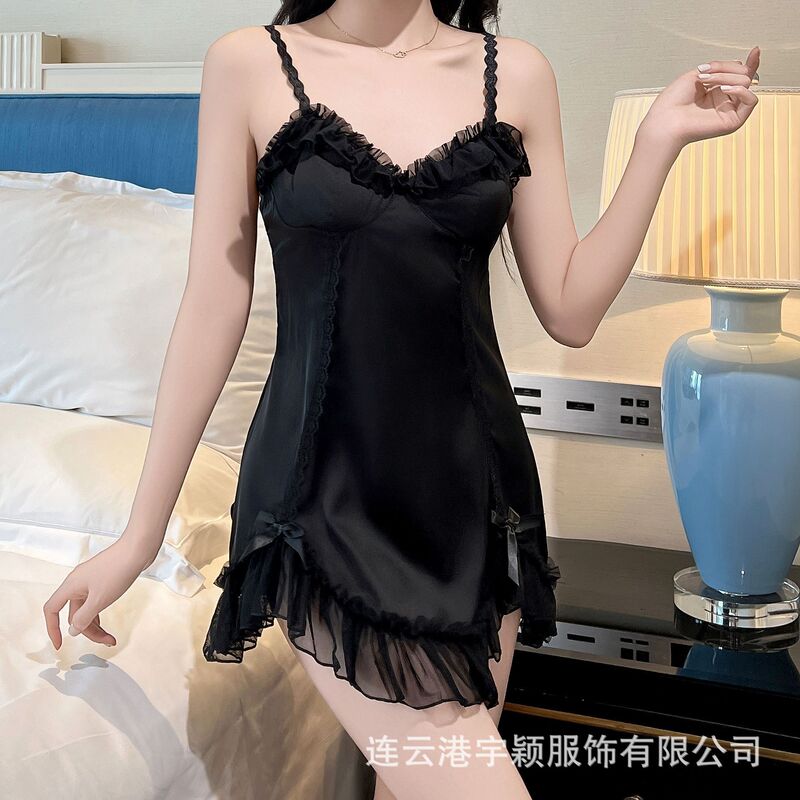 French Court Style Sling Nightgown Home Clothes Mesh Satin Stitching High-end Pure Desire Style Sexy Pajamas Light Luxury