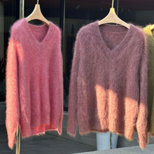 高档拉绒无缝V领花纱羊绒羊毛衫女时尚25秋冬慵懒风宽松百搭上衣