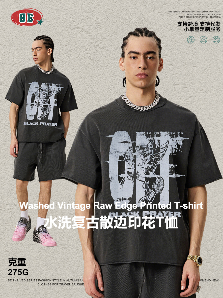 Be Hombres| 2025 verano Europa y América marca de moda impresión callejera de cuello redondo camiseta de manga corta camiseta casual suelta chaqueta hombre