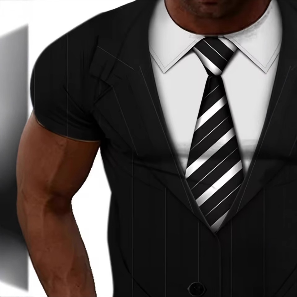 Divertido traje y corbata con estampado 3D para hombre, personalidad de la calle de verano, camiseta suelta y transpirable de manga corta con cuello redondo en stock