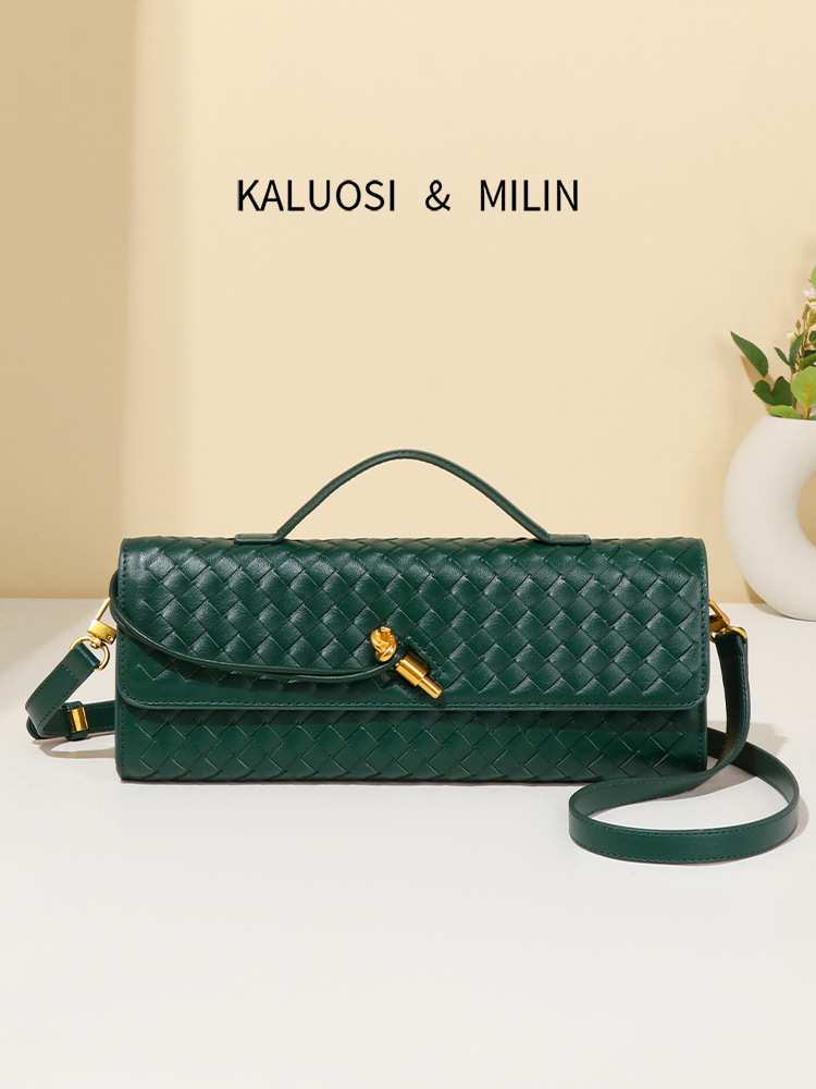 cross-border trendy spring and summer new woven soft leather dinner bag mid-ancient baguette bag file holder horizontal hand bag messenger bag