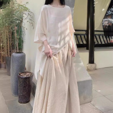 2024夏新中式棉麻佛系禅意风杏色不规则棉麻半身裙3件套装  官图