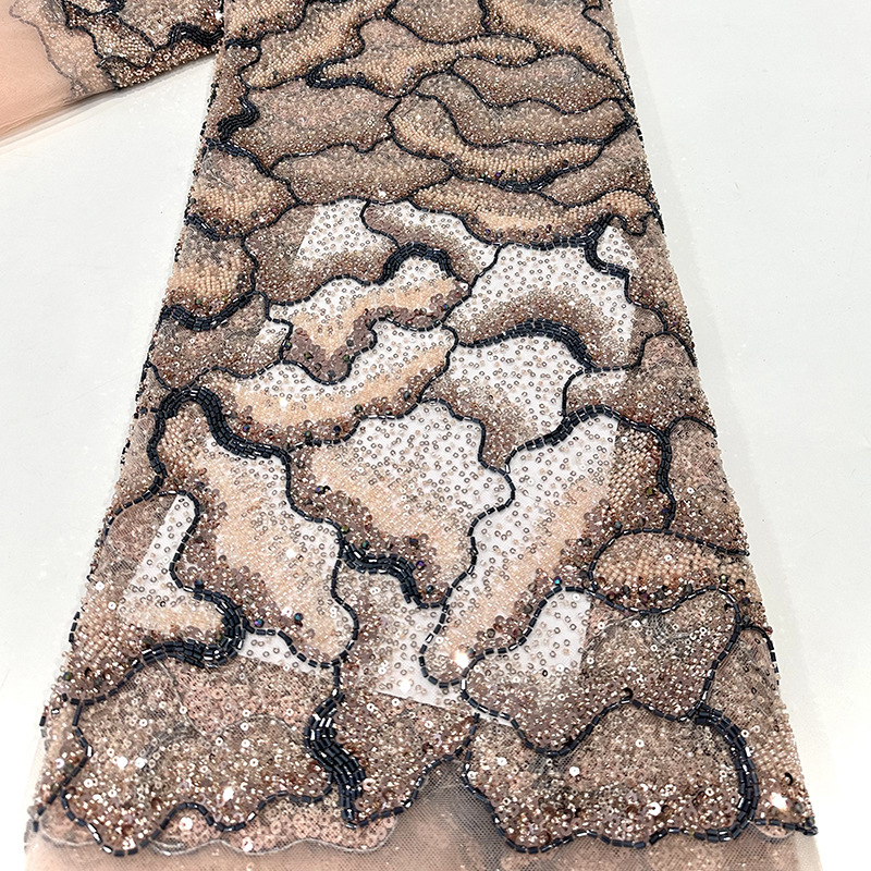 Tubo de cuentas bordado de alta gama cuentas bordado sequinado tela de red de encaje ondulado fondo DIY estilo Hepburn vestido de boda tela