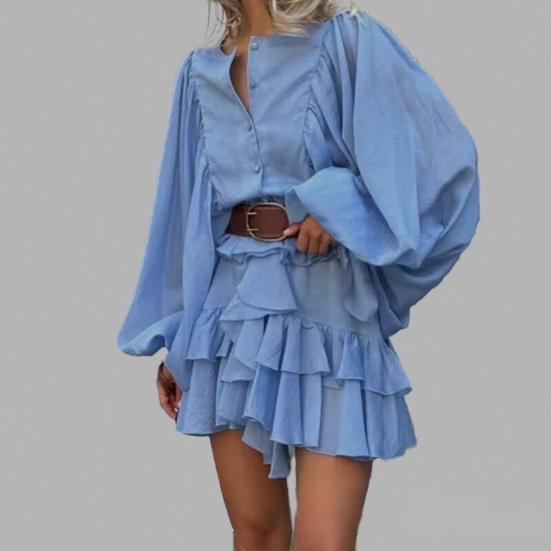 Amazon 2025 Spring Fashion AliExpress Nuevo vestido de manga larga con volantes de color sólido de temperamento elegante casual
