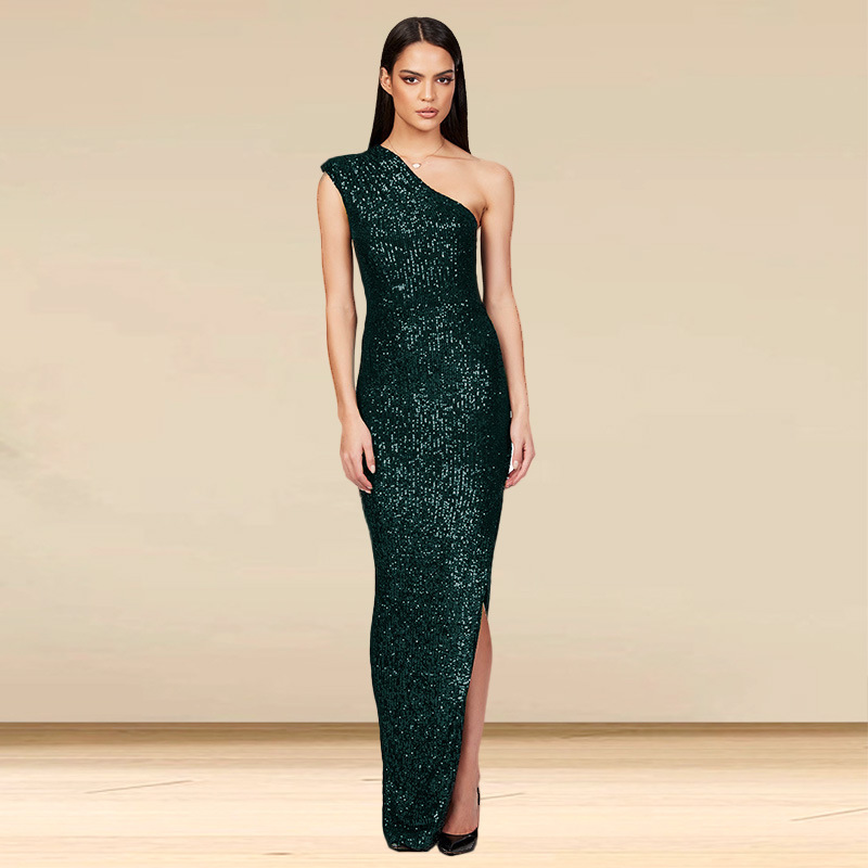 Women's Summer Dress, Sleeveless One-Shoulder Slit Sequin Long Dress, European and American Style, Elegant French-Style Dress for Women in Summer