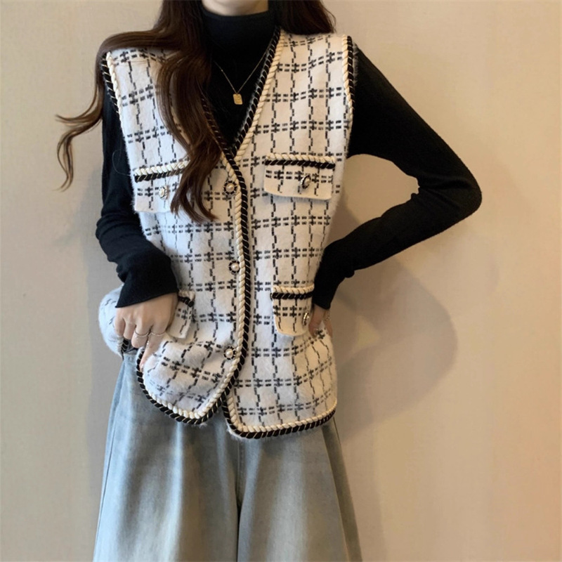 小香风千鸟格马甲外套女春秋大码胖妹妹显瘦仿水貂绒针织背心马夹|undefined