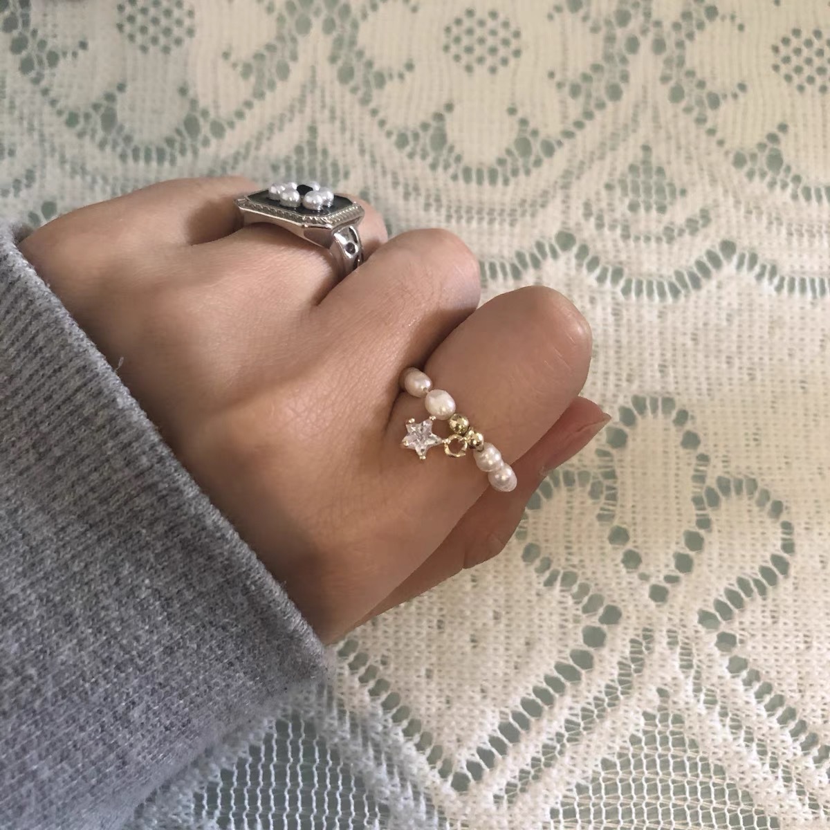 10g Weight Retro Simple Style Star Bear Heart Shape Freshwater Pearl Charm Rings