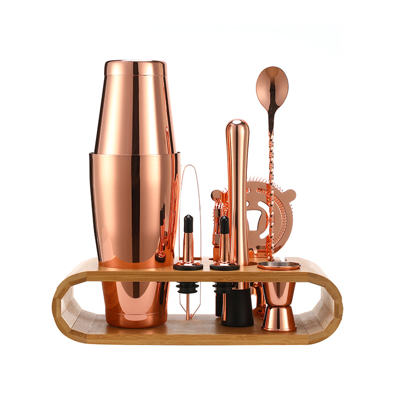 Cóctel de acero inoxidable transfronterizo herramienta de barra de 10 piezas base de marco de madera ovalada 750ML traje Shaker