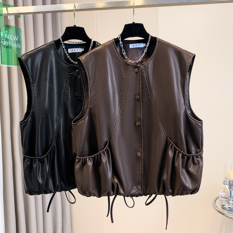 Vintage Coffee-Colored Pu Leather Vest for Women, Autumn Fashion, High-End Biker Style, Layered Short Sleeveless Vest Jacket, Trendy