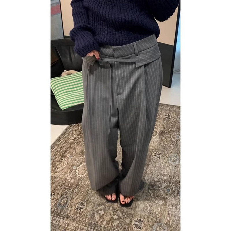 高腰直筒灰色竖条纹西装阔腿裤子女2025秋季新款宽松bf慵懒风长裤|undefined