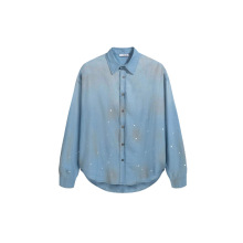 AC新款泼墨复古脏脏风水洗做旧牛仔长袖衬衫情侣宽松衬衣外套男潮