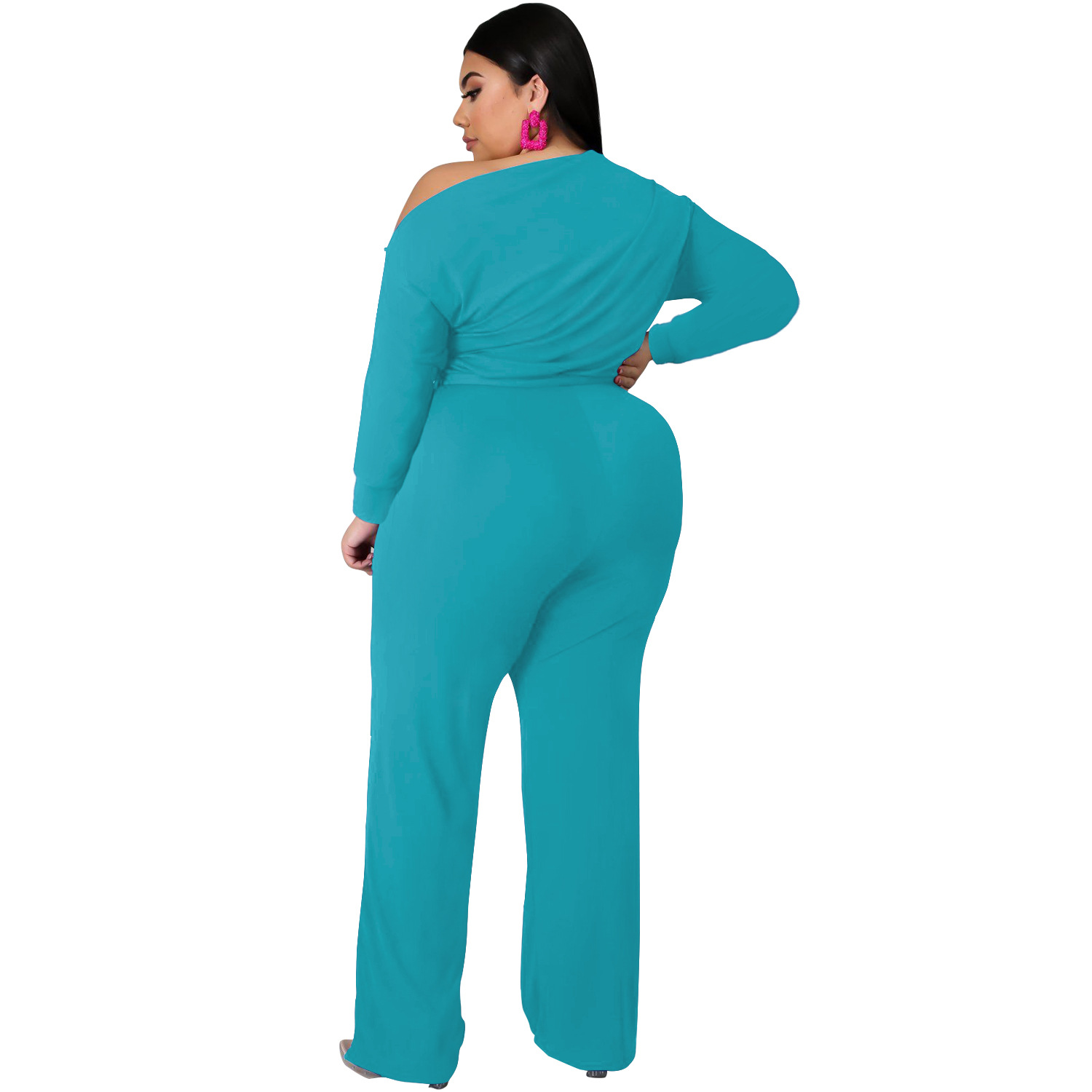 women s plus size solid color strappy shoulder T-shirt flared pants suit nihaostyles clothing wholesale NSBMF80099