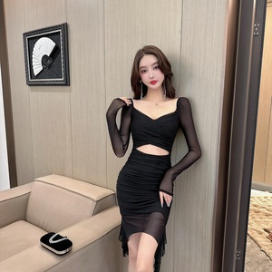High elastic mesh patchwork exposed waist long sleeved tight fitting hip wrap dress