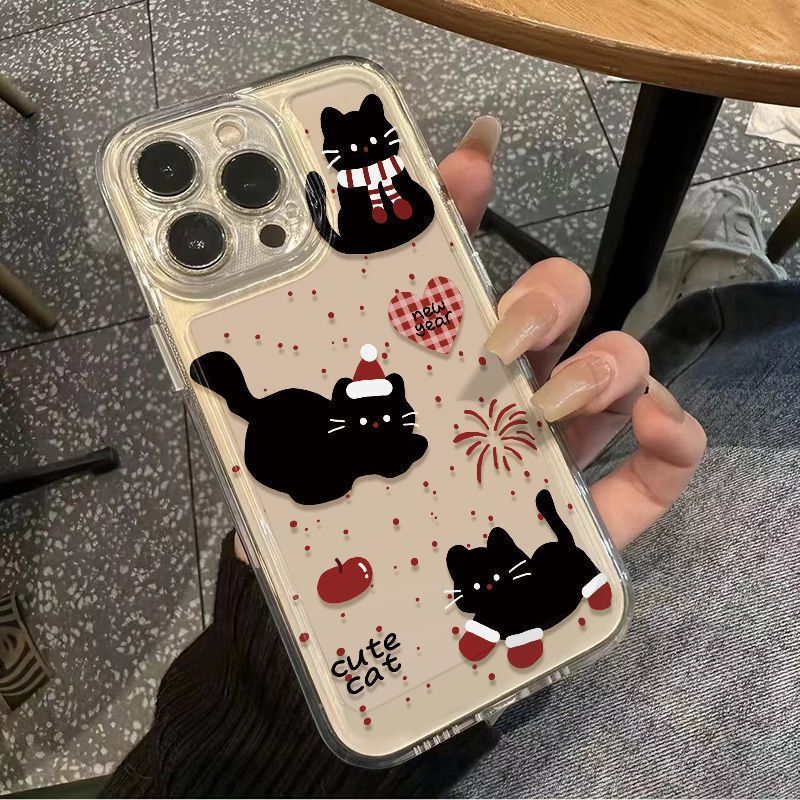 Fireworks Black Cat for Apple 16PROMAX Phone Case iPhone15 Cartoon 13 Transparent 12 Soft Case 11