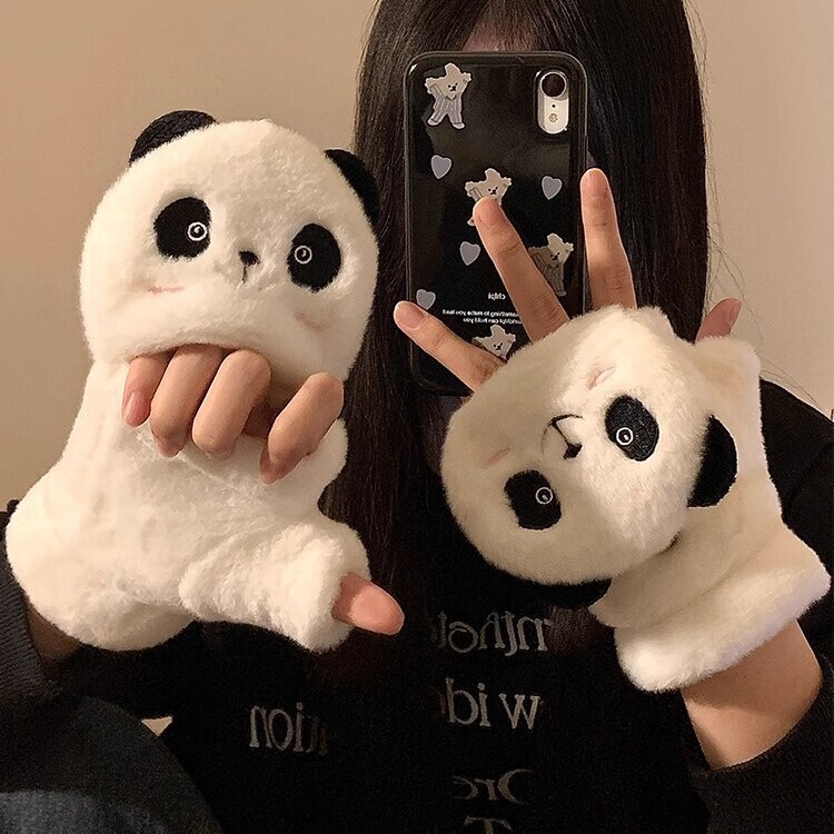 可爱熊猫毛绒半指翻盖手套女冬季保暖加绒加厚学生触屏写字防寒冻|undefined