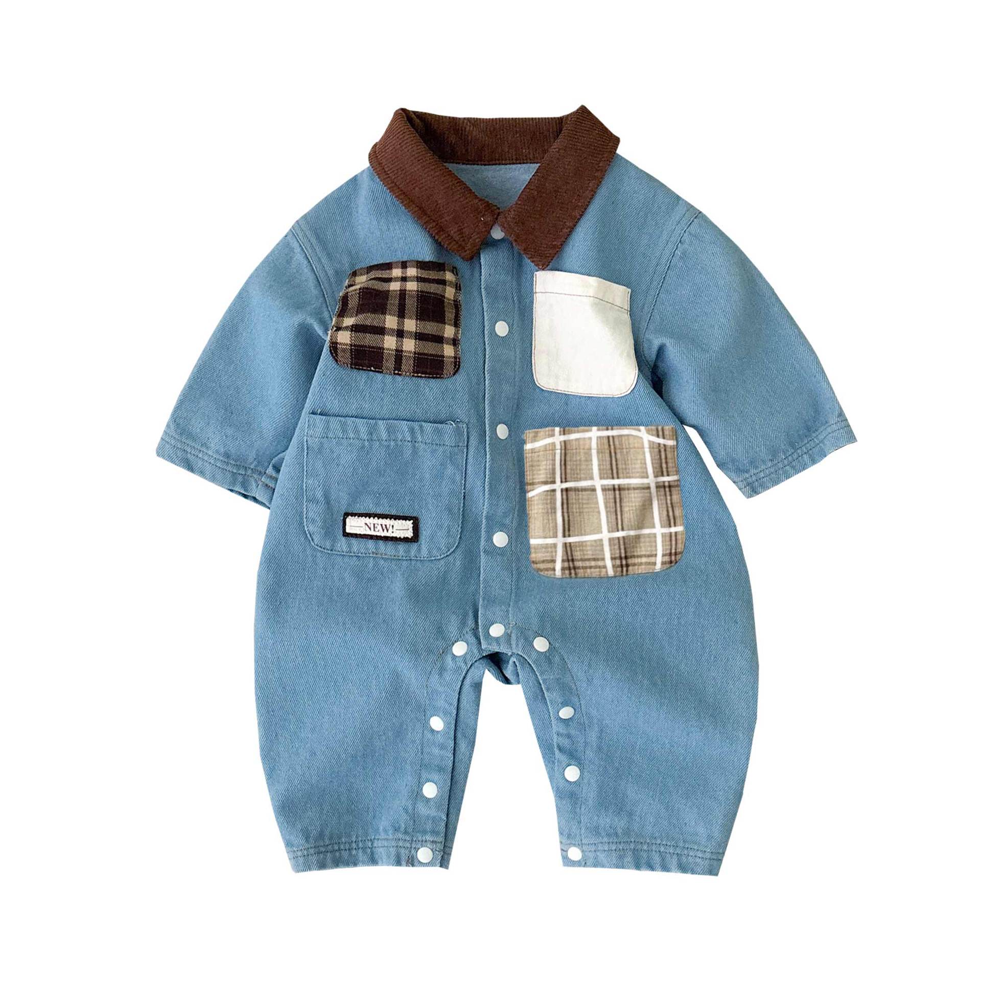 Primavera nuevo estilo bebé mono hombre bebé estilo occidental casual solapa de manga larga mameluco ropa de casa para salir gatear