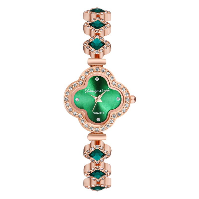 Venta en vivo caliente moda pulsera de trébol de cuatro hojas reloj de cuarzo esmeralda reloj de mujer fábrica de relojes de mujer al por mayor