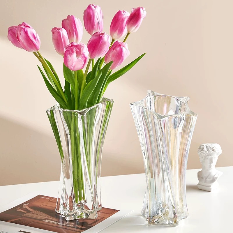 Vaso de cristal de luz estelar de alta gama nórdica, arreglo floral transparente, agua, lujo ligero, decoración de flores de sala de estar de alta gama
