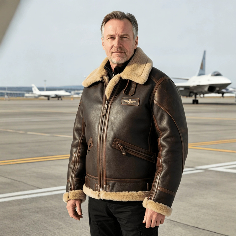 Cross-Border Exclusive Supply of Men's Shearling Aviator Jacket with Thickened Warm Lapel and Badge Design, Pu Leather and Shearling Collar Coat