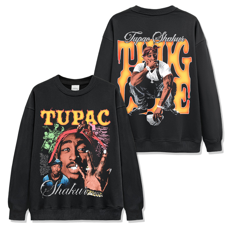 Cross-Border American Tupac Shakur Tupac Printed Short-Sleeved T-Shirt Loose Heavyweight Round Neck Hooded Sweatshirt for Men