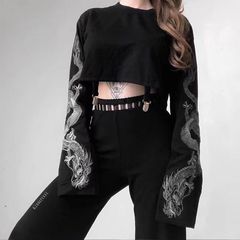 2024欧米の国境を越えた暗黒風龍紋長袖のガードルの女性の短いタイプの臍のヒップホップhiphopのゆったりした上着の女性