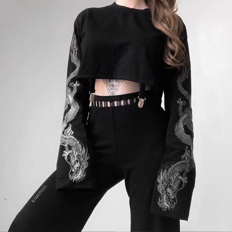 2024 European and American cross-border dark style dragon pattern long-sleeved sweater women's short navel hip hop hiphop loose top women