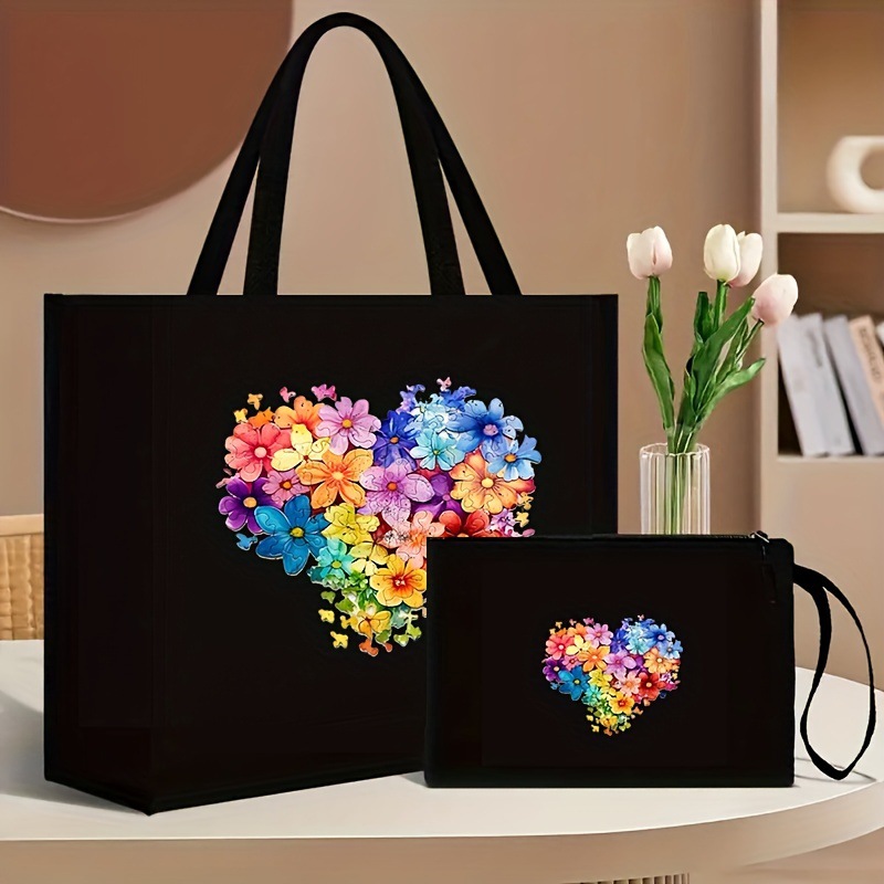 Teacher-Themed Colorful Teacher Stationery Printed Canvas Tote Bag, Color-Blocking Large Capacity Hand-Held Shopping Bag