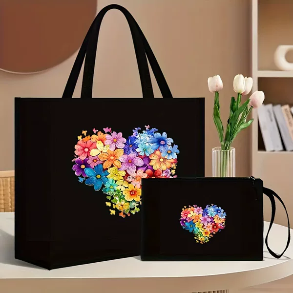 Teacher-Themed Colorful Teacher Stationery Printed Canvas Tote Bag, Color-Blocking Large Capacity Hand-Held Shopping Bag