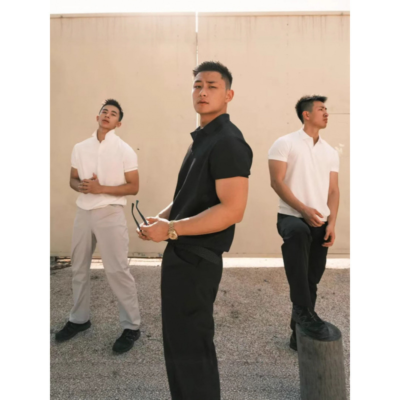 美式海鸥领polo衫男士纯色针织弹力高级肌理感坑条上衣弹力板正T|undefined