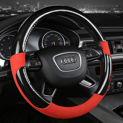 汽车方向盘套拼接撞色四季适用碳纤皮加反绒面料鹿皮绒把套不打滑
