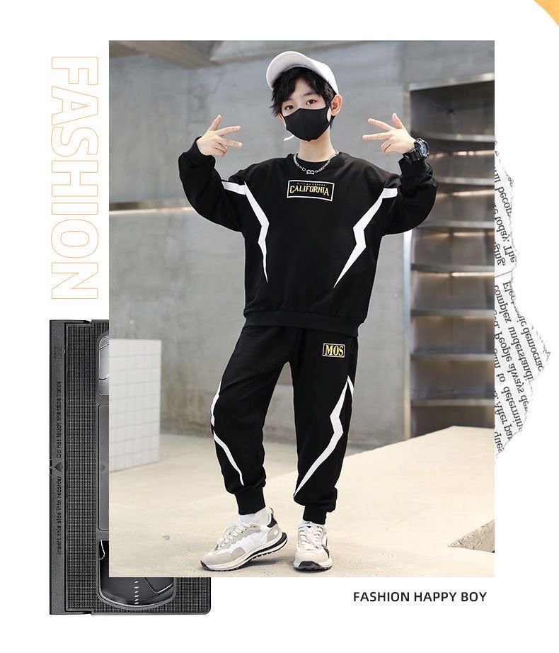 Round Neck Neckline Streetwear Letter Color Block Lightning Cotton Boys Clothing Sets