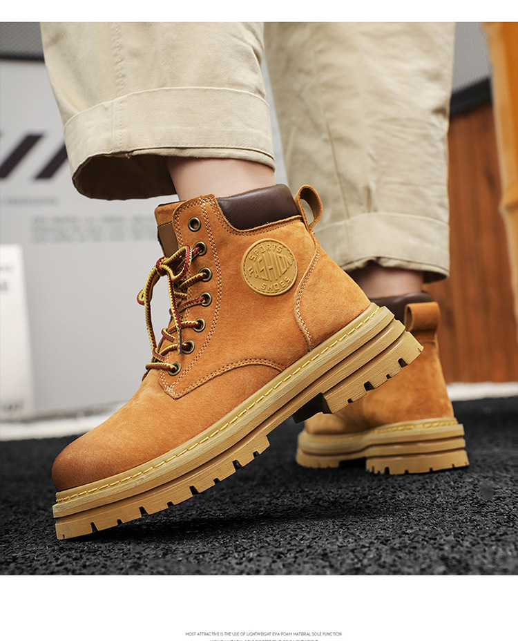 Pánské vysoké pracovní boty, podzimní boty, velké žluté boty, boty s velkou špičkou, párové boty_voghion.com