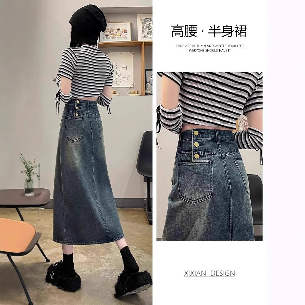 Denim Skirt Women's Skirt 2025 Spring and Summer New High Waist Slimming Split A- shaped Mid-length Retro Hip Skirt