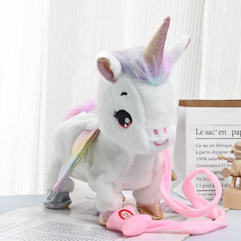 Juguetes eléctricos de peluche unicornio cantando cabeza y cola de simulación de cuerda de tracción unicornio mascota muñeca juguetes para niños