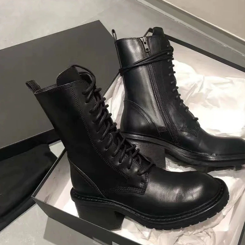 Коровья кожа версия ~ Ann кожаные ботинки Martin женские толстые каблуки на высоком каблуке средний цилиндр Британский стиль рыцарь сапоги короткие женские мотоциклетные сапоги